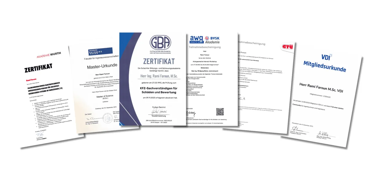 Zertifikate und Qualifikationen von Rami Faroun: Master-Abschluss, GBA-Zertifikat und VDI-Mitgliedschaft
